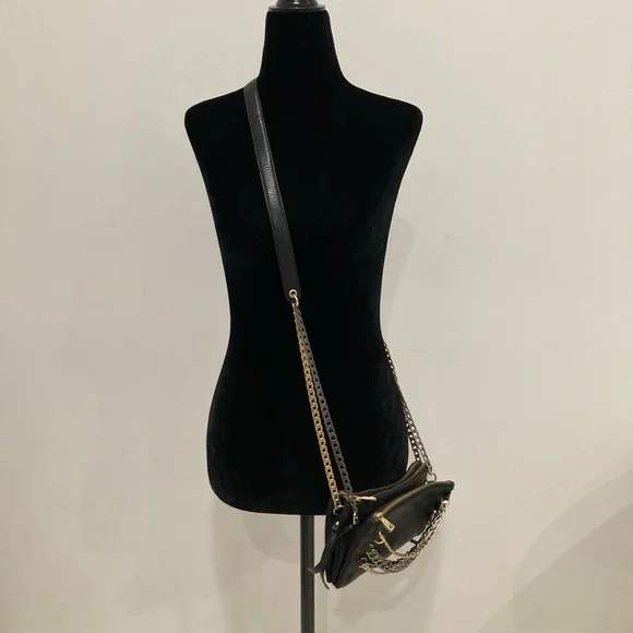 ASH Black Leather Convertible Cross Body Purse Gold Silver Chain - Picture 3 of 14